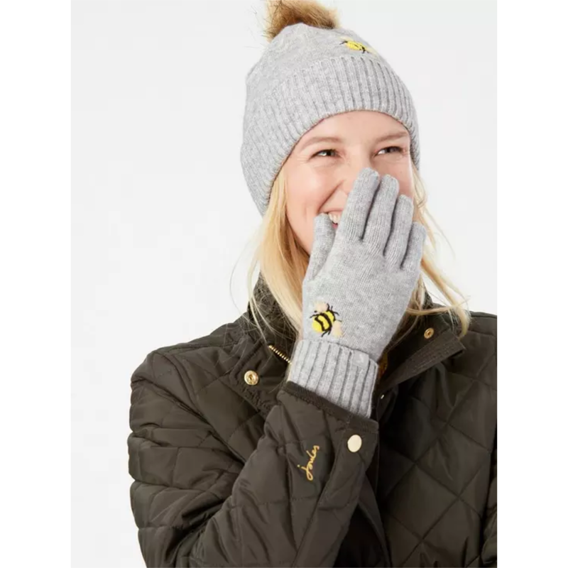 Joules Stafford Embroidered Gloves - Grey Embroidered Bee-1